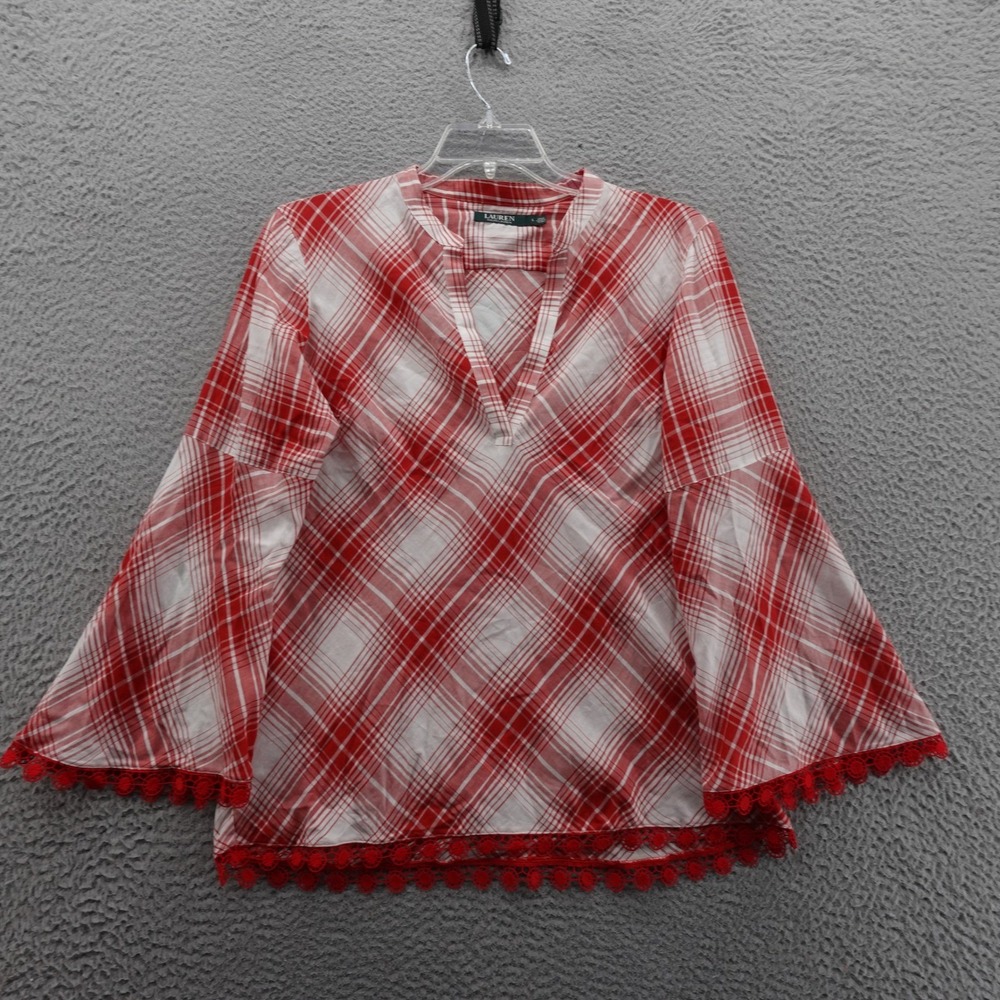 Lauren‎ Ralph Lauren Womens Plaid Bell Sleeve Tunic Large Red White Boho